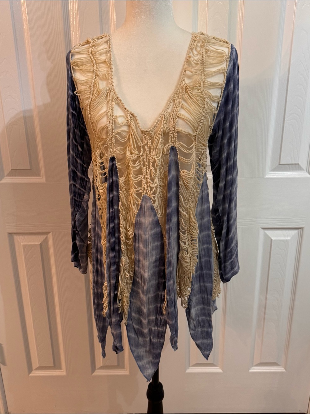 Boho Tie-Dye Fringe V-Neck Women's Top Beach Cover Up in Cream and Blue - NWT